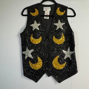 Fashion Fantasy Vintage Black Sequin Celestial Moon Star Vest Medium NWT